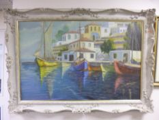 A MID 20TH CENTURY CONTINENTAL SCHOOL, Mediterranean harbour scene, oil on canvas, indistinctly