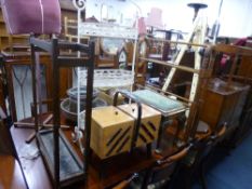 A SEWING BOX, an oak stick stand, stool, towel rail, three tier metal stand, easel, standard lamp