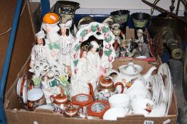 TWO BOXES OF CERAMICS, including Victorian Staffordshire Pottery figures, Japanese egg shell