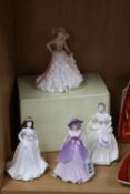 FOUR SMALL COALPORT FIGURES, 'Violet', 'Estelle', 'Savannah' and boxed 'Birthday Wishes' (4)