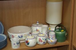 VARIOUS POOLE POTTERY ITEMS, table lamp, biscuit barrels, preserve pots, bowl etc (10)