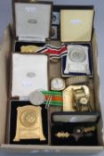 A BOX OF MISCELLANEOUS, including fobs, medallions, trench art, etc