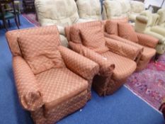 THREE ARMCHAIRS, with terracotta patterned upholstery