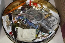 A TIN OF MIXED COSTUME JEWELLERY, etc