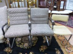 A RETRO CHROME FRAMED ARMCHAIR, a matching single chair and another chair (3)