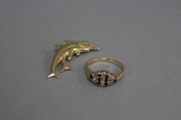 A 9CT SAPPHIRE AND DIAMOND RING, ring size L, together with a 9ct Dolphin brooch (2)