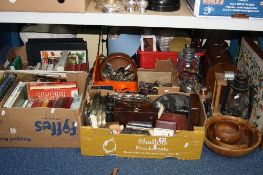 FIVE BOXES AND LOOSE SUNDRY ITEMS, to include books, binoculars, sewing machines, lamps, cutlery,