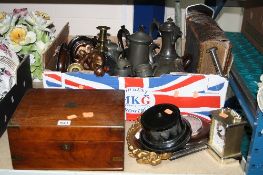 A VICTORIAN WALNUT BOX, a box of metalware and collectables, trophy stand, barometer, Quartz clock