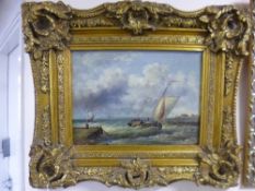 A REPRODUCTION OIL ON BOARD OF A 19TH CENTURY STYLE FISHING BOAT SCENE, indistinctly signed, 29cm