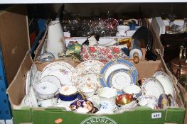 THREE BOXES OF CERAMICS AND GLASSWARE, including trios, unused Liberty address and telephone book