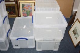 FIVE PLASTIC STORAGE BOXES AND LIDS, 64 litre, 42 litre and 3 x 35 litre (5)