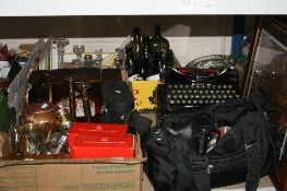 TWO BOXES OF GLASSWARES, METALWARES, PRINTS, CASED IMPERIAL TYPEWRITER, PENTAX CAMERA, etc