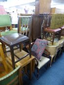 A 19TH CENTURY WALNUT FRAMED ARMCHAIR, three other chairs and two stools (6)
