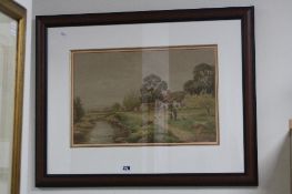 G. COLLINS, thatched cottage by a river, with figures, dog and poultry, signed lower right, titled