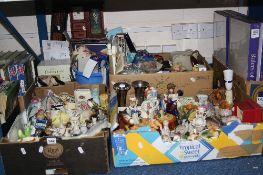 FOUR BOXES OF SMALL ORNAMENTS, HOUSEHOLD SUNDRIES AND COLLECTABLES, (four boxes)