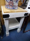 A MODERN KITCHEN BUTCHERS BLOCK STYLE WORK TABLE, approximate size width 59cm x depth 59cm x