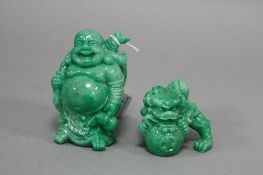 A JADE EFFECT FIGURE OF A LAUGHING BUDDHA, and a similar figure of a dragon (2)