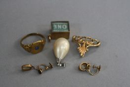 A PAIR OF 9CT EARRINGS, set with mother of pearl and a 9ct charm, etc