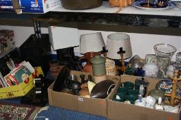FOUR BOXES OF SINGLE RECORDS, CERAMICS, GLASS, METALWARES, MANTLE CLOCK, CASE OF L.P'S, etc