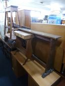 A TALL PINE BENCH, another bench and a small side table with two drawers (3)