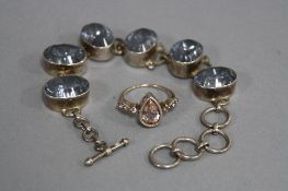 A BLUE SET SILVER BRACELET AND RING
