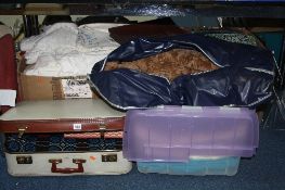 FOUR BOXES OF TEXTILES AND COSTUME, etc, including table linen, bags, coat etc