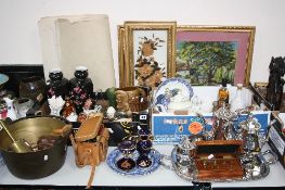 A QUANTITY OF METALWARES, CERAMICS, GLASSWARES, PICTURES AND PRINTS, including a silver napkin ring,