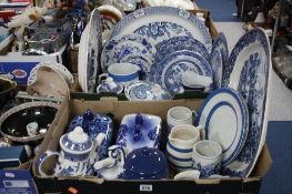 TWO BOXES OF BLUE AND WHITE CERAMICS, to include meat platters, cheese dishes/stands etc