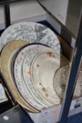 A BOX OF VICTORIAN AND 20TH CENTURY MEAT PLATES AND A GLASS BOWL