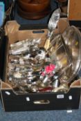 A BOX OF CUTLERY, PLATED ITEMS, etc