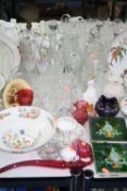 A COLLECTION OF CERAMICS AND GLASSWARES, including Cranberry, Royal Doulton figure, tiles etc
