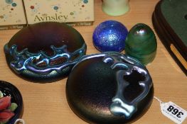 TWO NEO ART STYLE GLASS PAPERWEIGHTS, and two other iridescent paperweights (4)