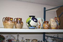 NINE JUGS AND VASES, including 19th Century stoneware, modern Crown Devon,