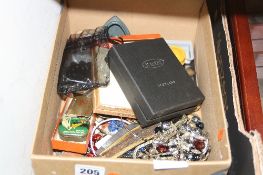 A BOX OF MISCELLANEOUS COSTUME JEWELLERY, etc