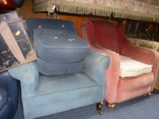 TWO UPHOLSTERED ARMCHAIRS, and a pouffe (3)