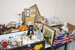 FOUR BOXES OF SUNDRY HOUSEHOLD CROCKERY, GLASS, METALWARE AND ORNAMENTS, etc