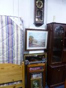 A LARGE GILT FRAMED WALL MIRROR, another wall mirror, four various pictures and a wall clock (