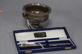A GEORGE VI SILVER TWIN HANDLED TROPHY CUP, of shallow urn form, engraved inscription 'The Edward