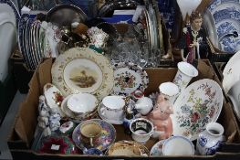 TWO BOXES AND LOOSE CERAMICS, GLASS, METALWARES, etc, to include Wade, Doulton, Wedgwood etc