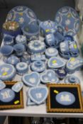 WEDGWOOD BLUE JASPERWARES, to include teapot, four cups/saucer, biscuit barrel, trinkets etc