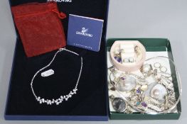 A SWAROVSKI NECKLACE AND A MIXED LOT OF SILVER JEWELLERY, to include mother of pearl, opal, etc
