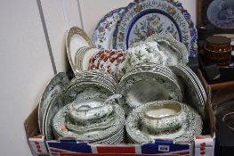 TWO BOXES OF VICTORIAN AND LATER DINNERWARES, including a transfer printed 'Arabesque' pattern set
