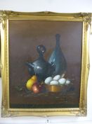 ATTRIBUTED TO F.W.R. RAY STIMPSON F.R.S.A, Still Life of bottles, eggs and fruit on a shelf, oil