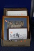 A BOX OF PICTURES AND PRINTS, and a Union flag
