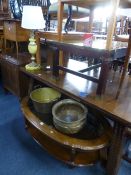 AN OVAL GLASS TOPPED COFFEE TABLE, with undershelf, brass jam pan, etc (3)