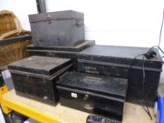 FIVE VARIOUS DEED BOXES (key)