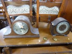 TWO OAK CASED MANTLE CLOCKS, (sd) (two pendulums)