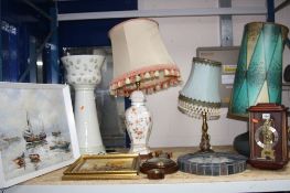 A HERMLE MANTLE CLOCK, (key), a Westminster clock/barometer, a barometer, three lamps, two oil