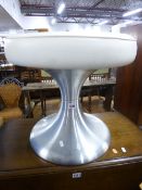 A CIRCULAR LEATHER TOPPED STOOL, over a chrome frame