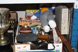 TWO BOXES AND LOOSE SUNDRY ITEMS, to include telescope, tape measure, clock, binoculars, magazines